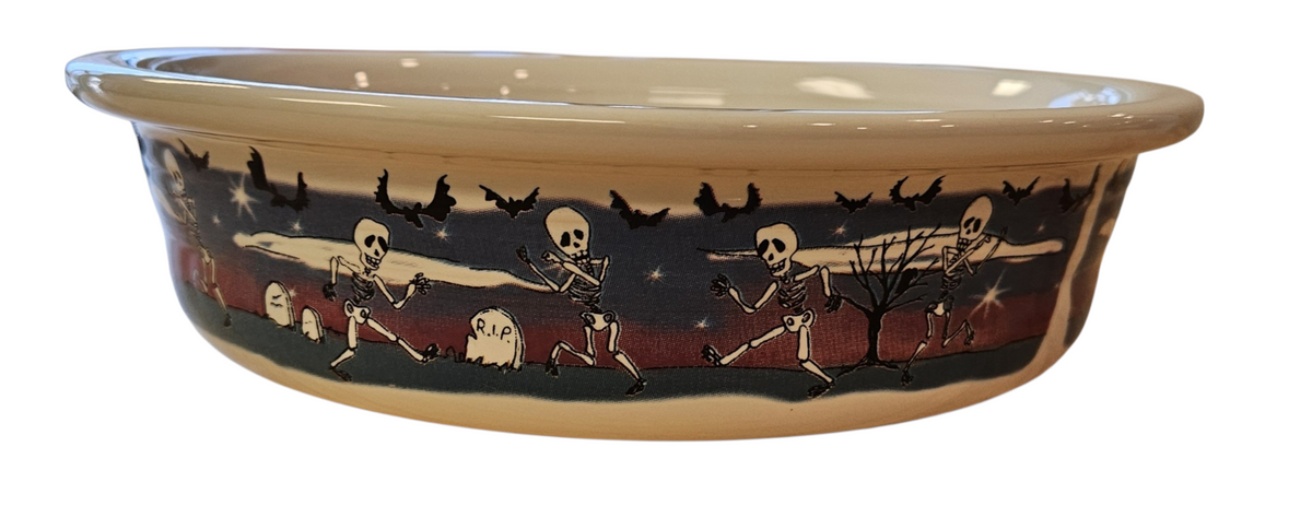 This is Fiesta fiestware Classic Extra Large Two 2 Quart Serving Bowl featuring the Betty Crocker Halloween Nights decal on white. Lead free, post 1986, retired decal, Hard to Find, Halloween
