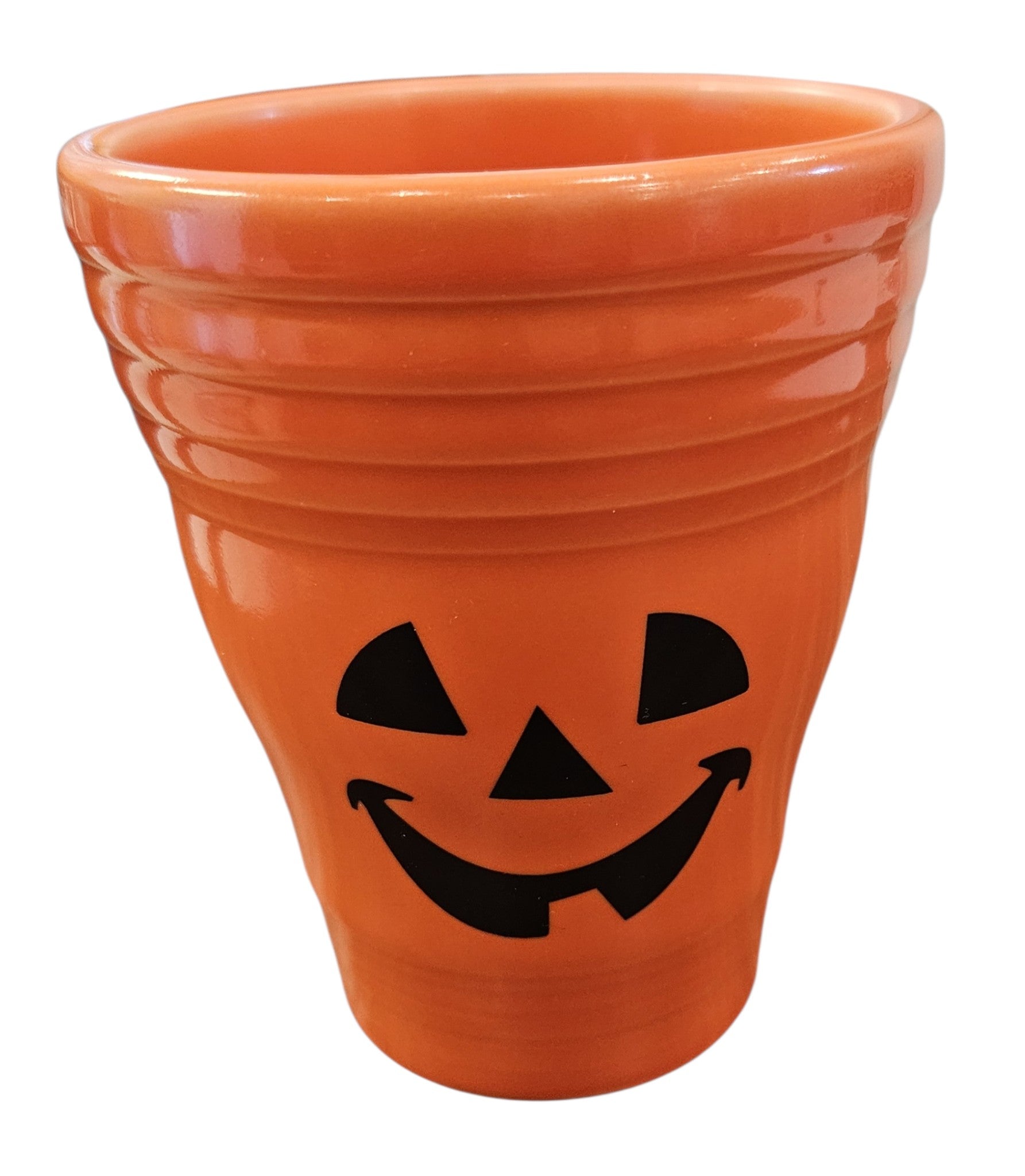 This is a Fiesta fiestaware Bathroom Tumbler featuring the FTCCO exclusive Happy Pumpkin decal on poppy. Lead free, Post 1986, Fall, Thanksgiving, Halloween
