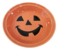 This is a Fiesta fiestaware Large Pie Baker featuring the Happy Pumpkin decal on persimmon. Lead free, Post 1986, Retired Production Decal, Retired Color, Fall, Thanksgiving, Halloween
