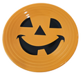 This is a Fiesta fiestaware Classic Luncheon Plate featuring the Happy Pumpkin decal on tangerine. Lead free, Post 1986, Retired Production Decal, Retired Color, Fall, Thanksgiving, Halloween

