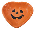 This is a Fiesta fiestaware Small Heart Bowl featuring the FTCCO 2024 exclusive Happy Pumpkin decal on poppy. Lead free, Post 1986, Fall, Thanksgiving, Halloween
