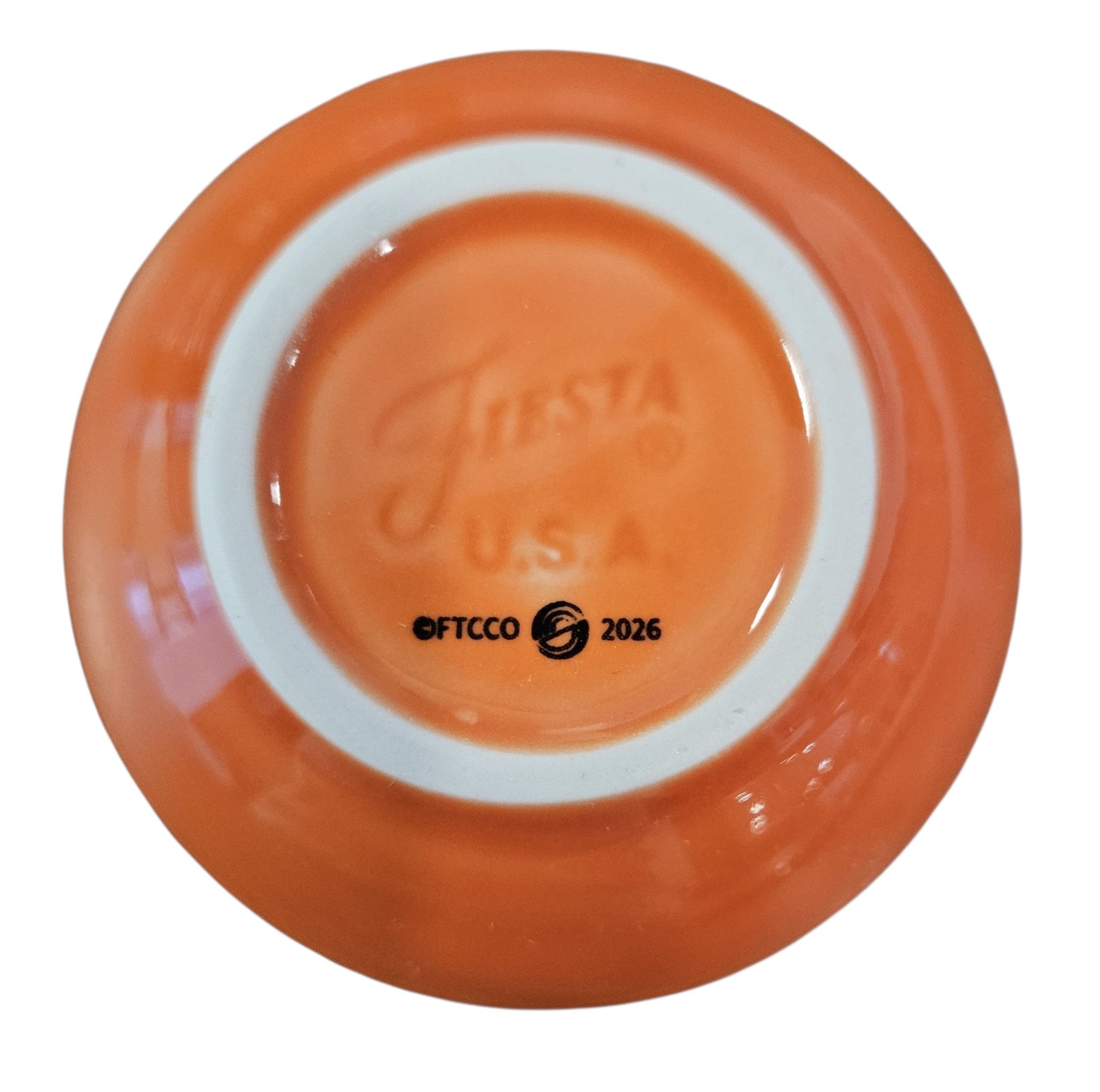 This is a Fiesta fiestaware Mini Bowl featuring the FTCCO 2026 exclusive Happy Pumpkin decal on poppy. Lead free, Post 1986, Fall, Thanksgiving, Halloween
