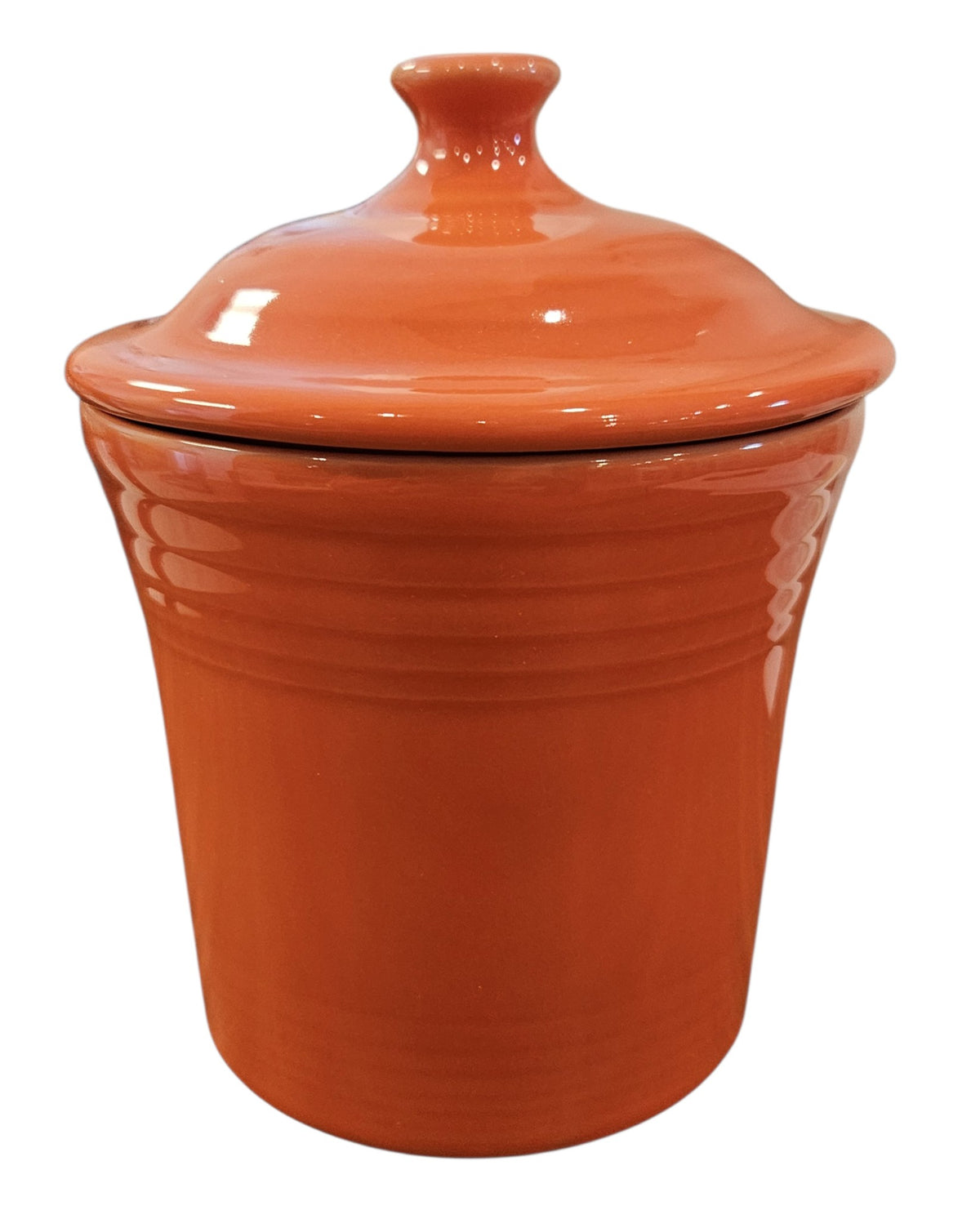 This is a Fiesta fiestaware Jam Jar Small Canister with lid featuring the FTCCO exclusive Happy Pumpkin decal on poppy. Lead free, Post 1986, Fall, Thanksgiving, Halloween
