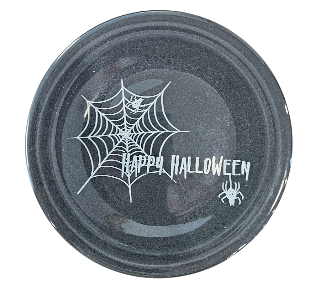 This is a Fiesta fiestaware Classic Luncheon Plate featuring Happy Halloween Spider Web decal on slate. Lead free, Post 1986, Halloween, Retired Color, Retired Decal.
