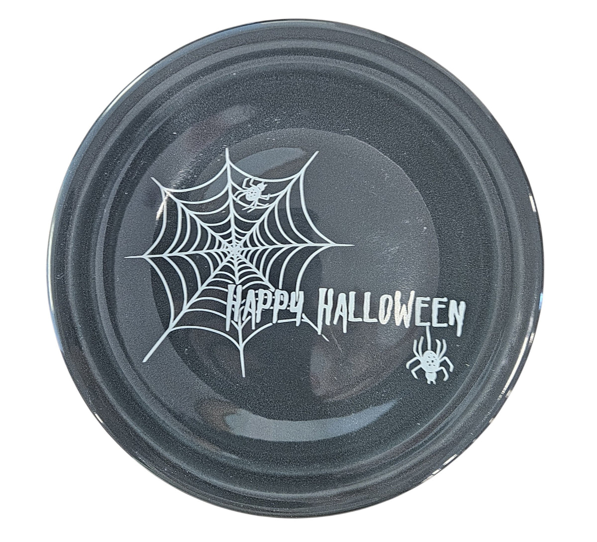 This is a Fiesta fiestaware Classic Luncheon Plate featuring Happy Halloween Spider Web decal on slate. Lead free, Post 1986, Halloween, Retired Color, Retired Decal.
