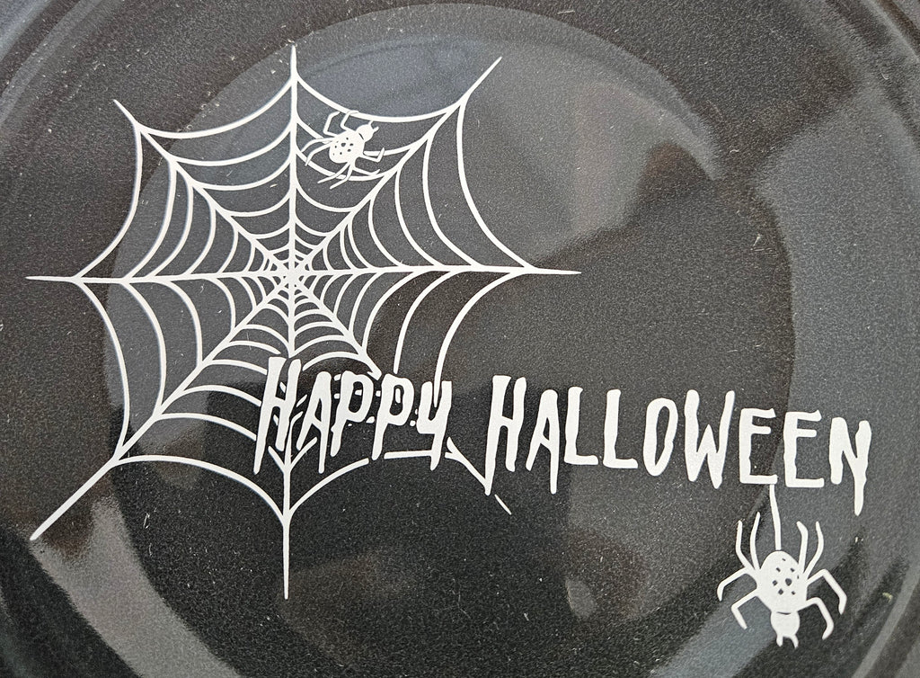 This is a Fiesta fiestaware Classic Luncheon Plate featuring Happy Halloween Spider Web decal on slate. Lead free, Post 1986, Halloween, Retired Color, Retired Decal.
