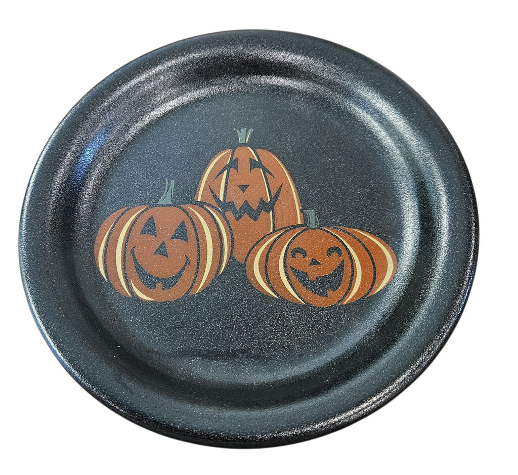 This is Fiesta fiestware Bistro Appetizer Plate featuring the Trio of Happy Pumpkins decal on black/foundry. Lead free, post 1986, retired decal, limited production color, Halloween

