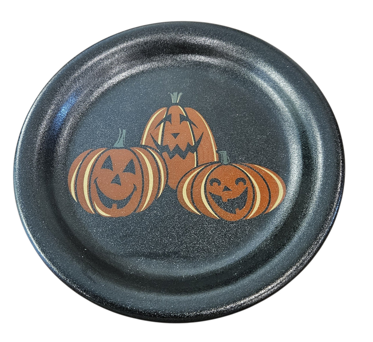 This is Fiesta fiestware Bistro Appetizer Plate featuring the Trio of Happy Pumpkins decal on black/foundry. Lead free, post 1986, retired decal, limited production color, Halloween
