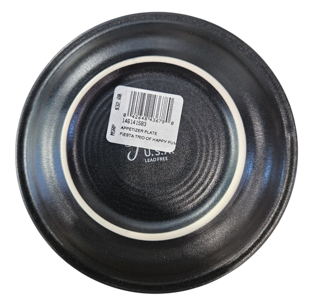 This is Fiesta fiestware Bistro Appetizer Plate featuring the Trio of Happy Pumpkins decal on black/foundry. Lead free, post 1986, retired decal, limited production color, Halloween
