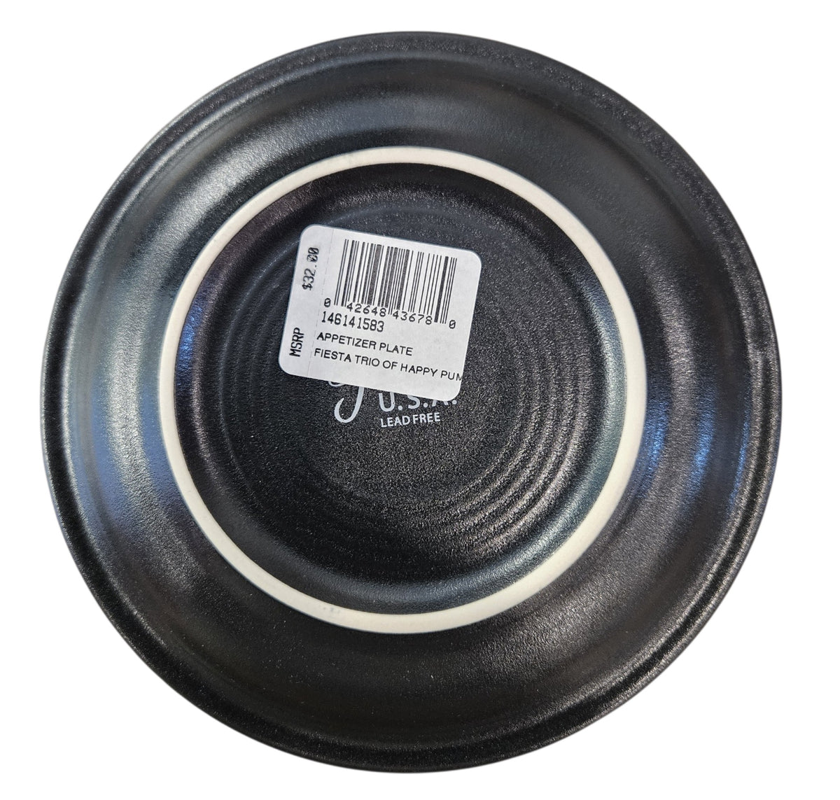 This is Fiesta fiestware Bistro Appetizer Plate featuring the Trio of Happy Pumpkins decal on black/foundry. Lead free, post 1986, retired decal, limited production color, Halloween
