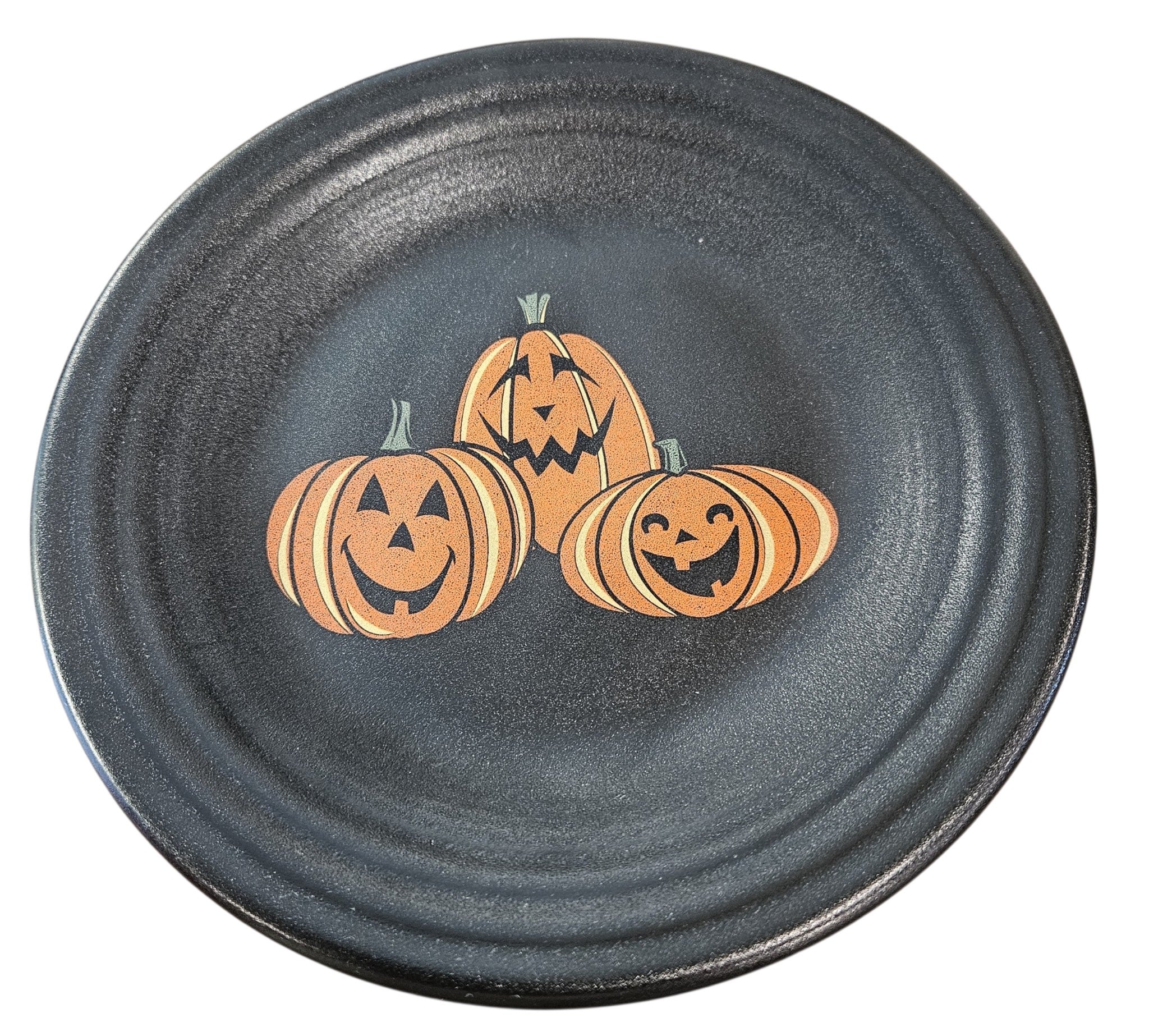 This is Fiesta fiestware Classic Luncheon Plate featuring the Trio of Happy Pumpkins decal on black/foundry. Lead free, post 1986, retired decal, limited production color, Halloween
