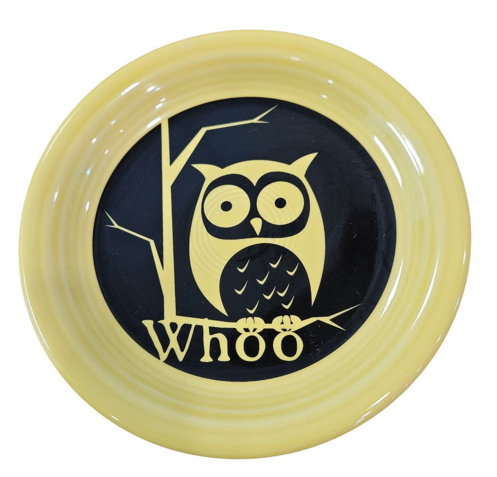 This is a Fiesta fiestaware Bistro Appetizer Plate featuring the Whoo Owl decal on sunflower. Lead free, Post 1986, Halloween, Retired Color, Retired Decal.
