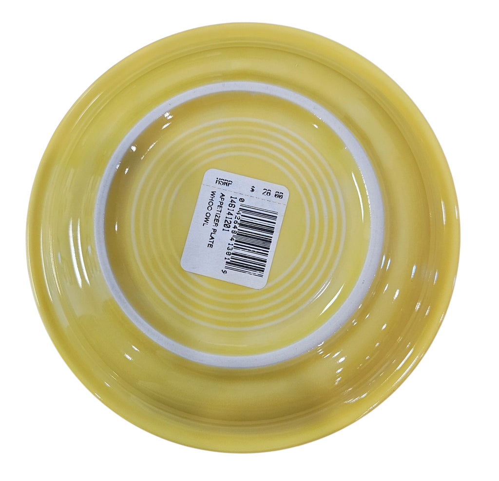 This is a Fiesta fiestaware Bistro Appetizer Plate featuring the Whoo Owl decal on sunflower. Lead free, Post 1986, Halloween, Retired Color, Retired Decal.
