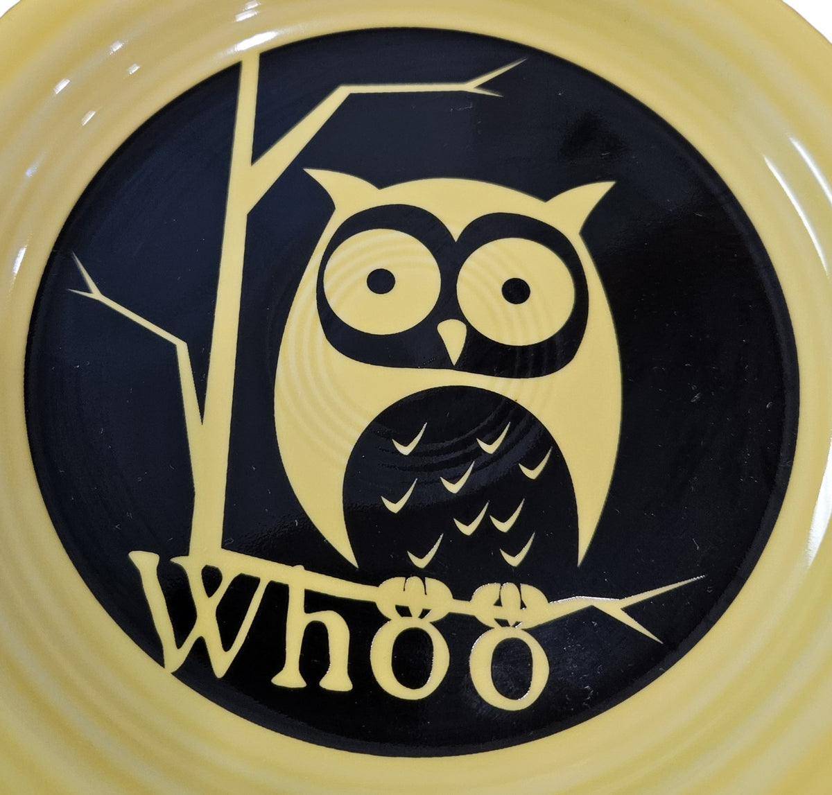 This is a Fiesta fiestaware Bistro Appetizer Plate featuring the Whoo Owl decal on sunflower. Lead free, Post 1986, Halloween, Retired Color, Retired Decal.
