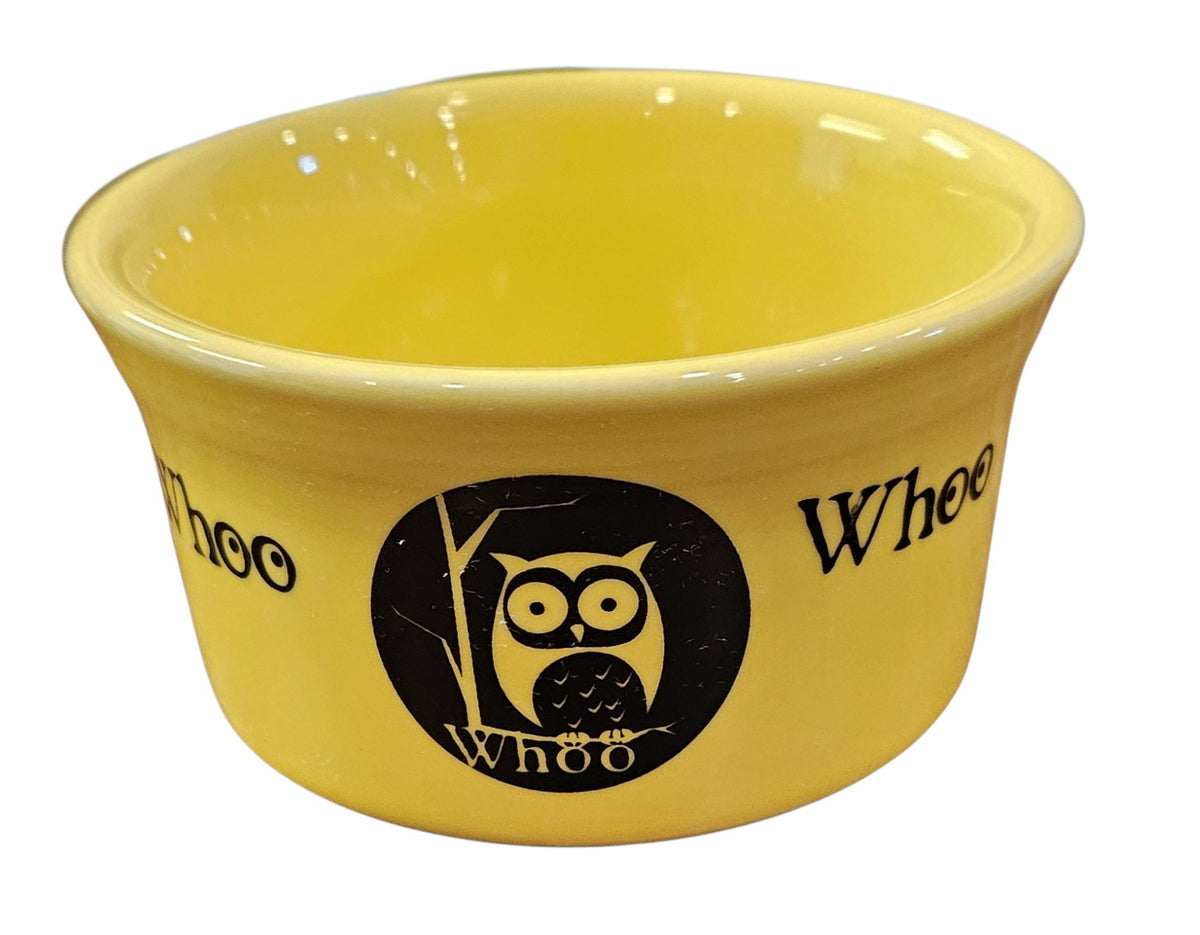 This is a Fiesta fiestaware Ramekin bowl featuring the Whoo Owl decal on sunflower. Lead free, Post 1986, Halloween, Retired Color, Retired Decal.
