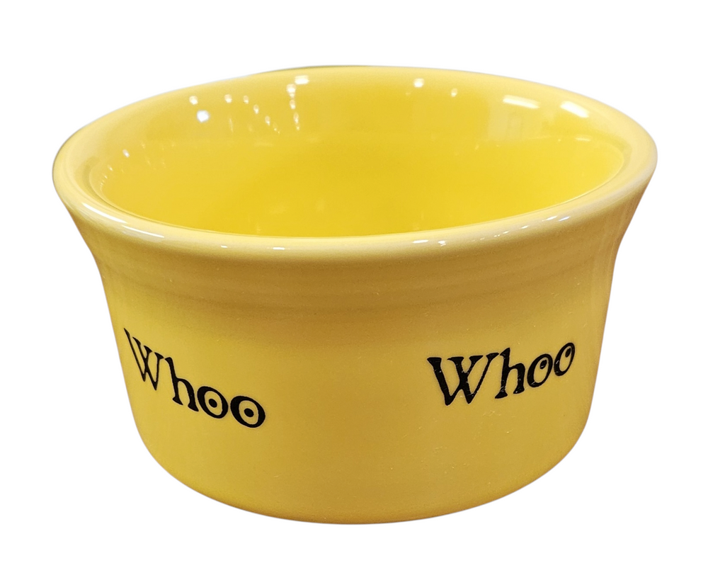 This is a Fiesta fiestaware Ramekin bowl featuring the Whoo Owl decal on sunflower. Lead free, Post 1986, Halloween, Retired Color, Retired Decal.
