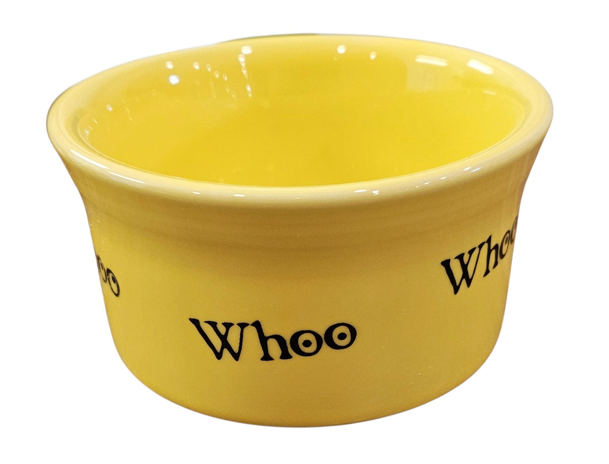 This is a Fiesta fiestaware Ramekin bowl featuring the Whoo Owl decal on sunflower. Lead free, Post 1986, Halloween, Retired Color, Retired Decal.
