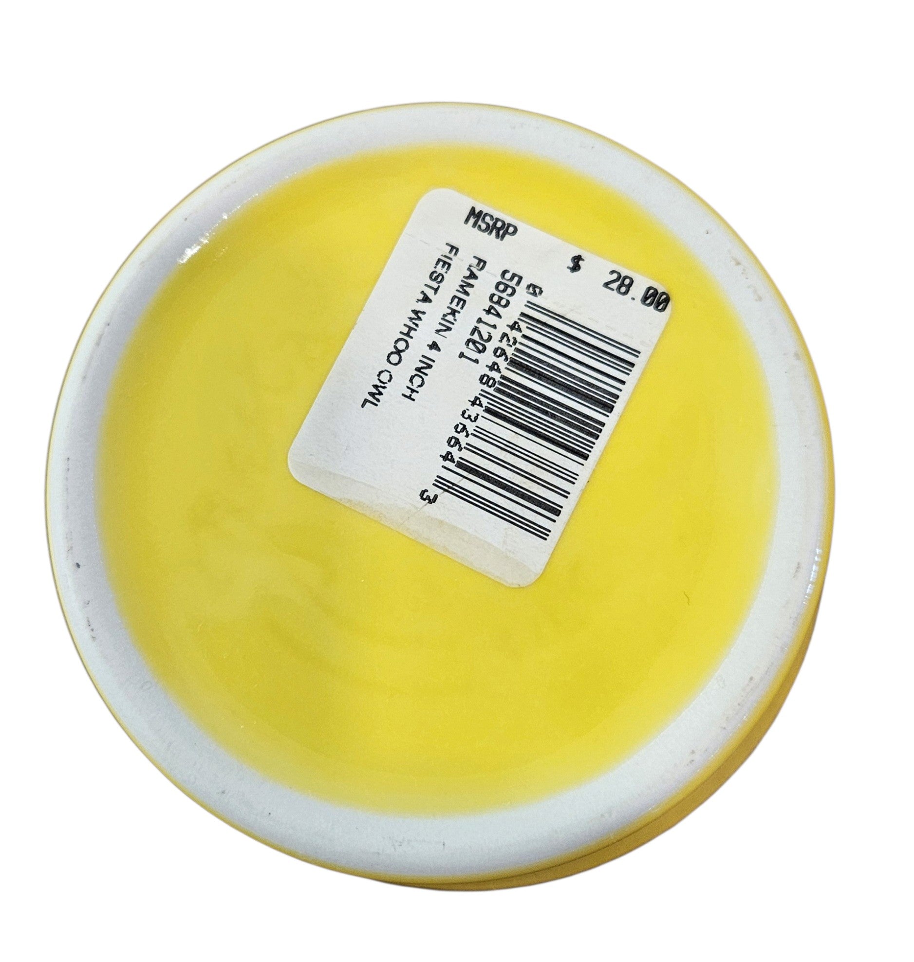 This is a Fiesta fiestaware Ramekin bowl featuring the Whoo Owl decal on sunflower. Lead free, Post 1986, Halloween, Retired Color, Retired Decal.

