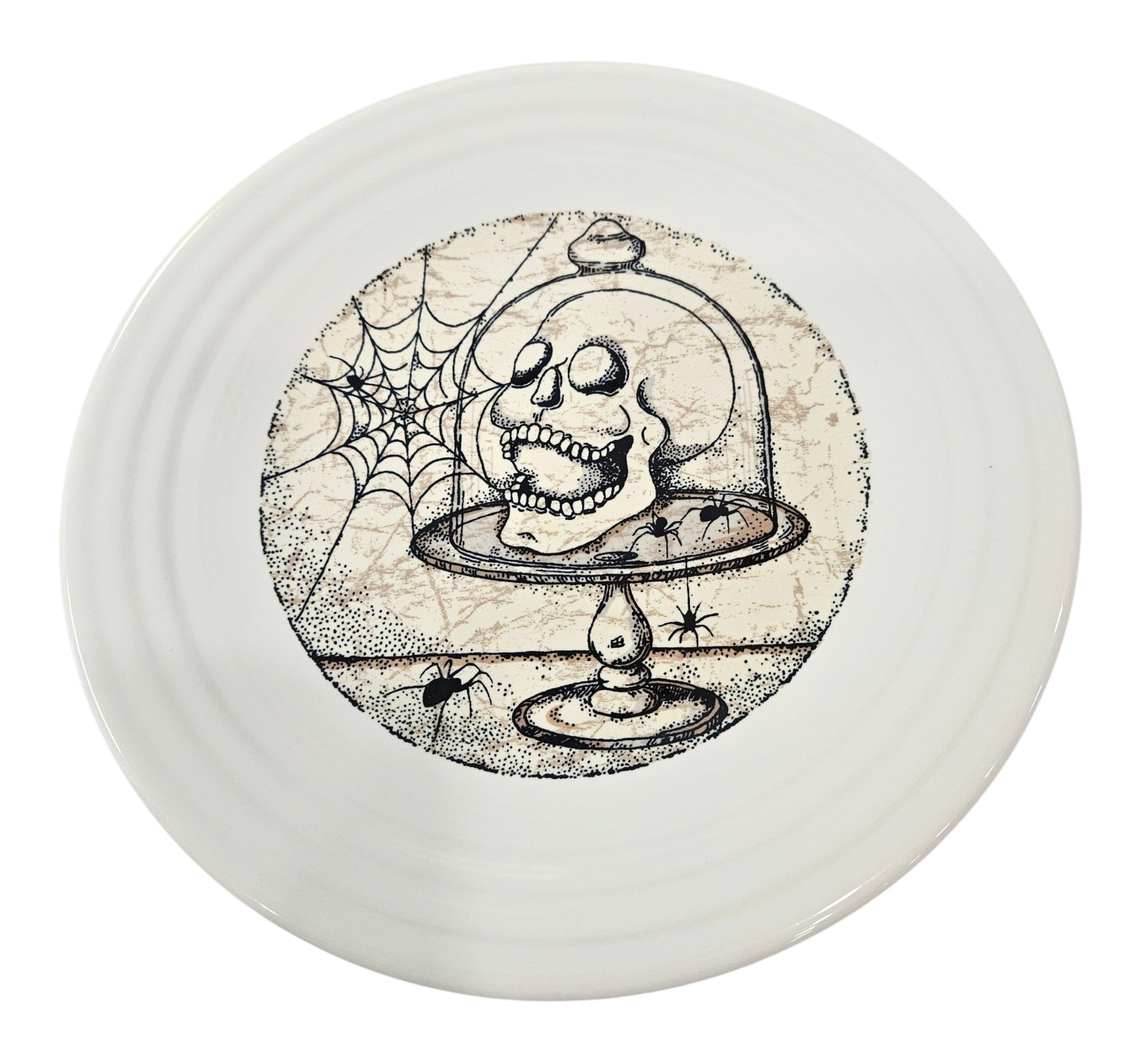This is a Fiesta fiestaware Classic Luncheon Plate featuring the Mystical Halloween Skull decal on white. Lead free, Post 1986, Retired Decal, Halloween
