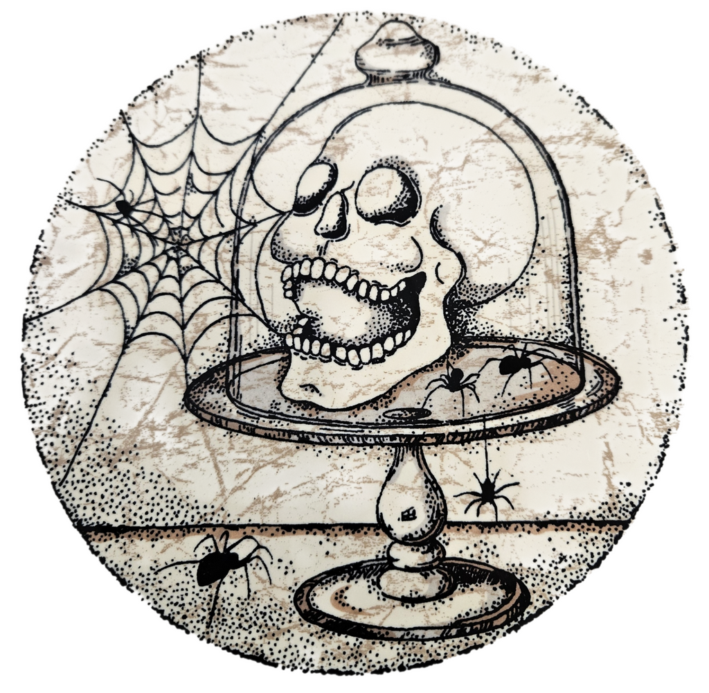 This is a Fiesta fiestaware Classic Luncheon Plate featuring the Mystical Halloween Skull decal on white. Lead free, Post 1986, Retired Decal, Halloween
