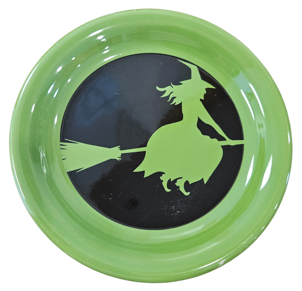 This is a Fiesta fiestware bistro appetizer plate featuring the Moon Lit Witch decal on shamrock. Lead free Post 1986 Retired Color, Retired Decal, Halloween
