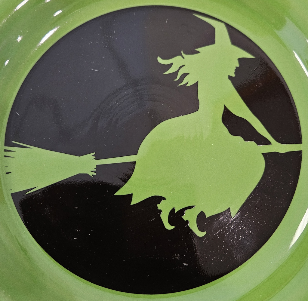This is a Fiesta fiestware bistro appetizer plate featuring the Moon Lit Witch decal on shamrock. Lead free Post 1986 Retired Color, Retired Decal, Halloween
