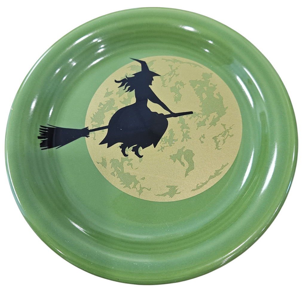 This is a Fiesta fiestware bistro appetizer plate featuring the Harvest Moon Witch decal on shamrock. Lead free Post 1986 Retired Color Retired Decal Halloween
