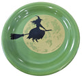 This is a Fiesta fiestware bistro appetizer plate featuring the Harvest Moon Witch decal on shamrock. Lead free Post 1986 Retired Color Retired Decal Halloween
