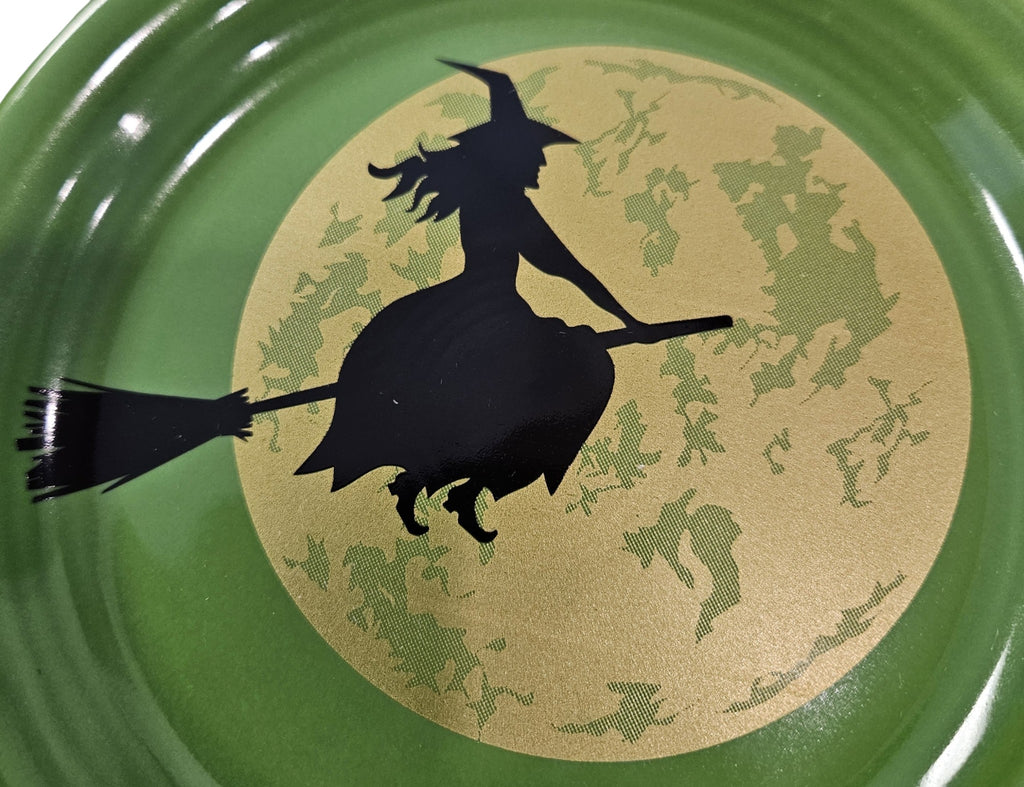 This is a Fiesta fiestware bistro appetizer plate featuring the Harvest Moon Witch decal on shamrock. Lead free Post 1986 Retired Color Retired Decal Halloween
