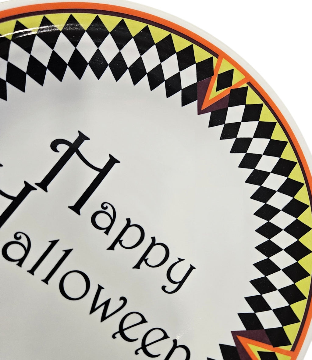 This is a Fiesta fiestaware Classic Luncheon Plate featuring the Harlequin Happy Halloween decal on white. Lead free, Post 1986, Retired Decal, Halloween
