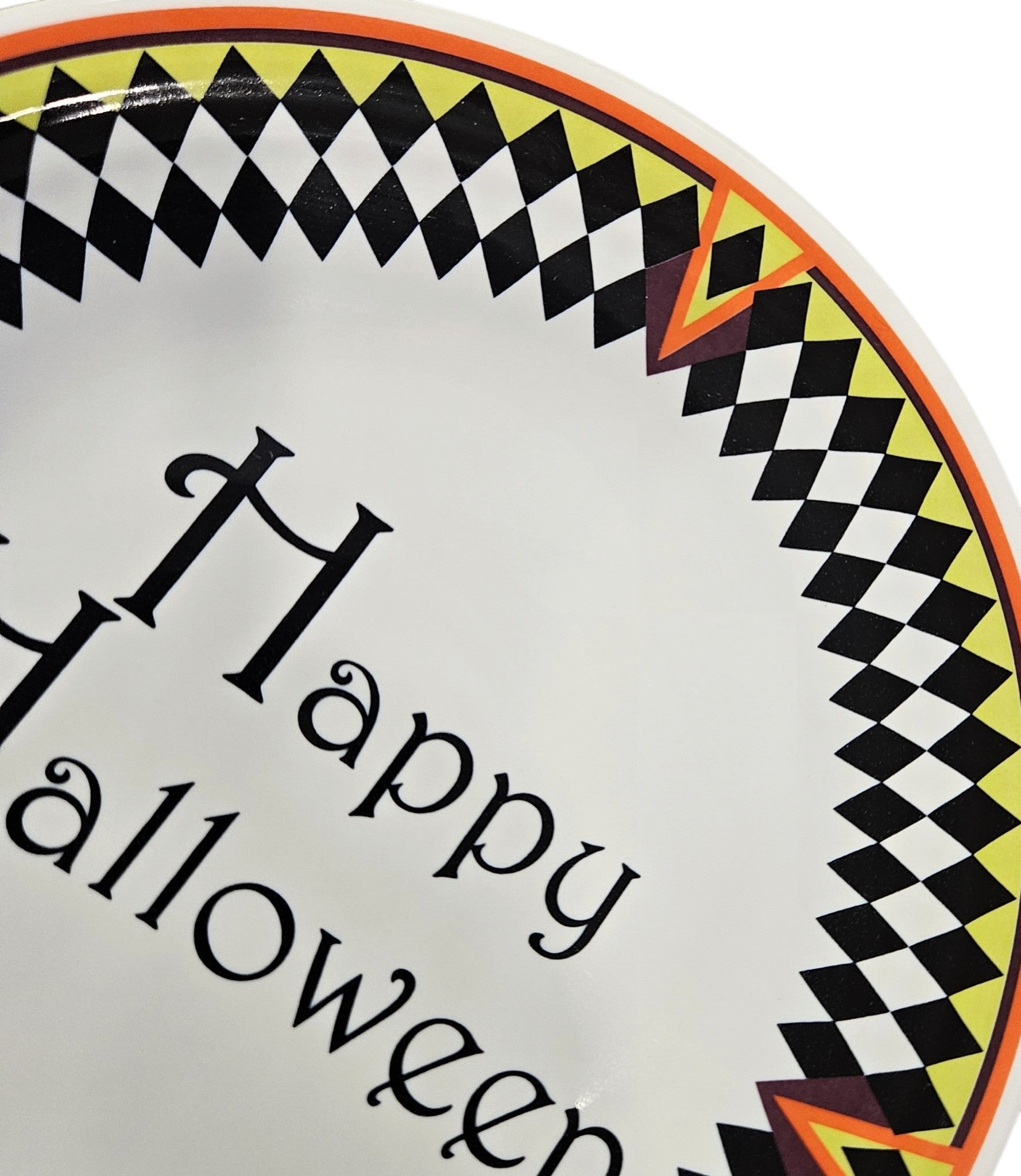 This is a Fiesta fiestaware Classic Luncheon Plate featuring the Harlequin Happy Halloween decal on white. Lead free, Post 1986, Retired Decal, Halloween
