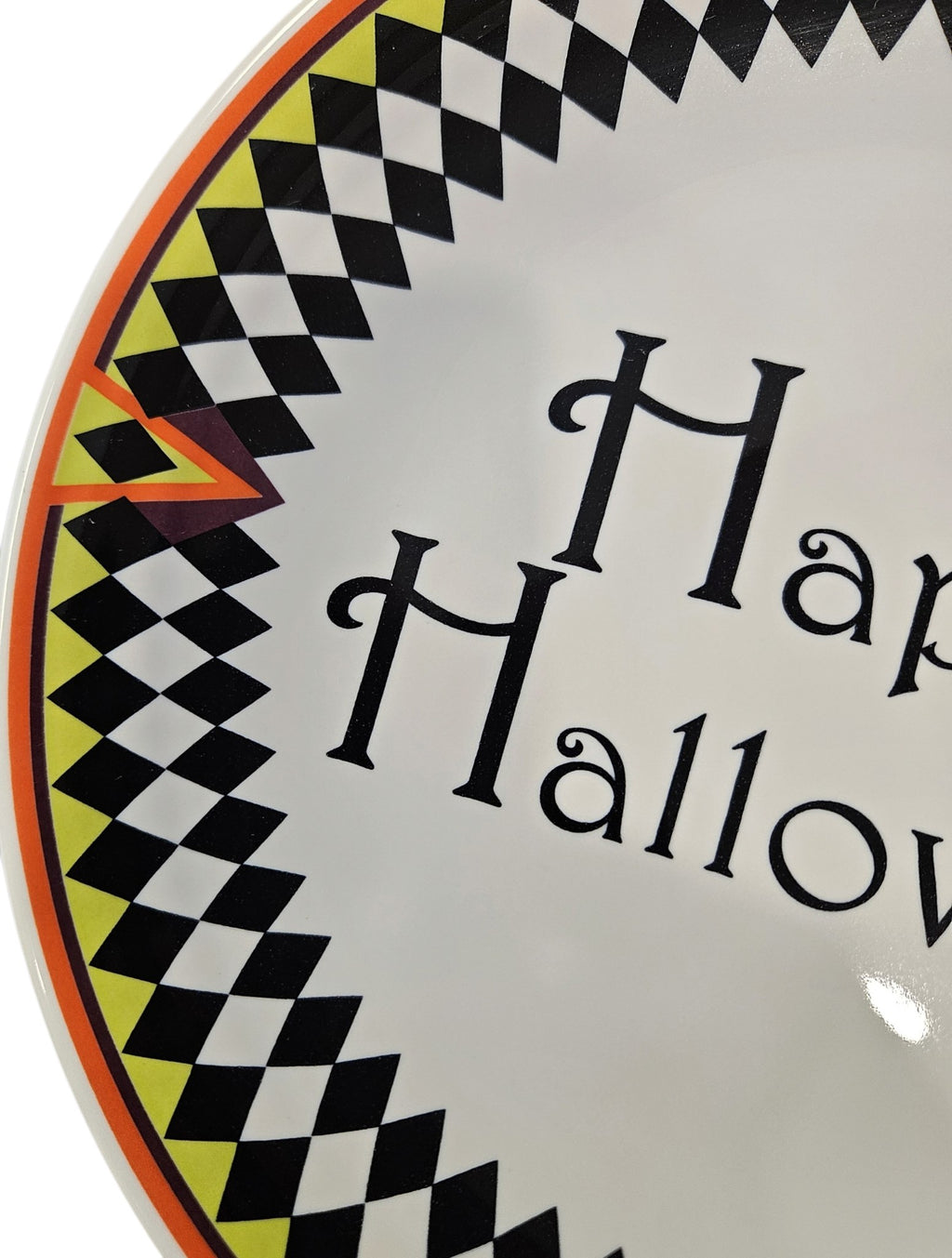 This is a Fiesta fiestaware Classic Luncheon Plate featuring the Harlequin Happy Halloween decal on white. Lead free, Post 1986, Retired Decal, Halloween
