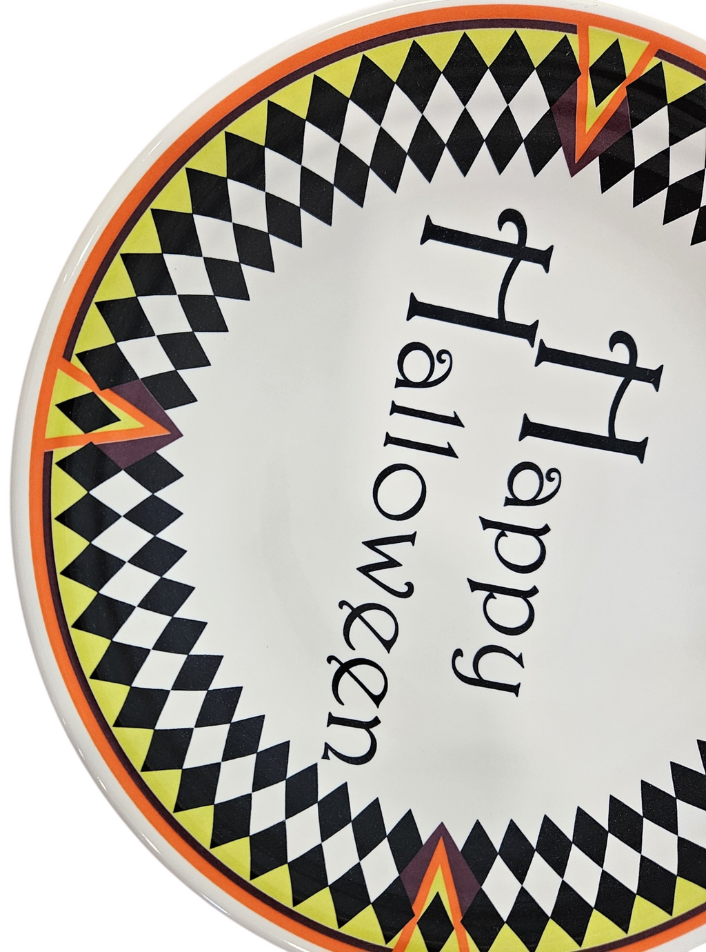 This is a Fiesta fiestaware Classic Luncheon Plate featuring the Harlequin Happy Halloween decal on white. Lead free, Post 1986, Retired Decal, Halloween

