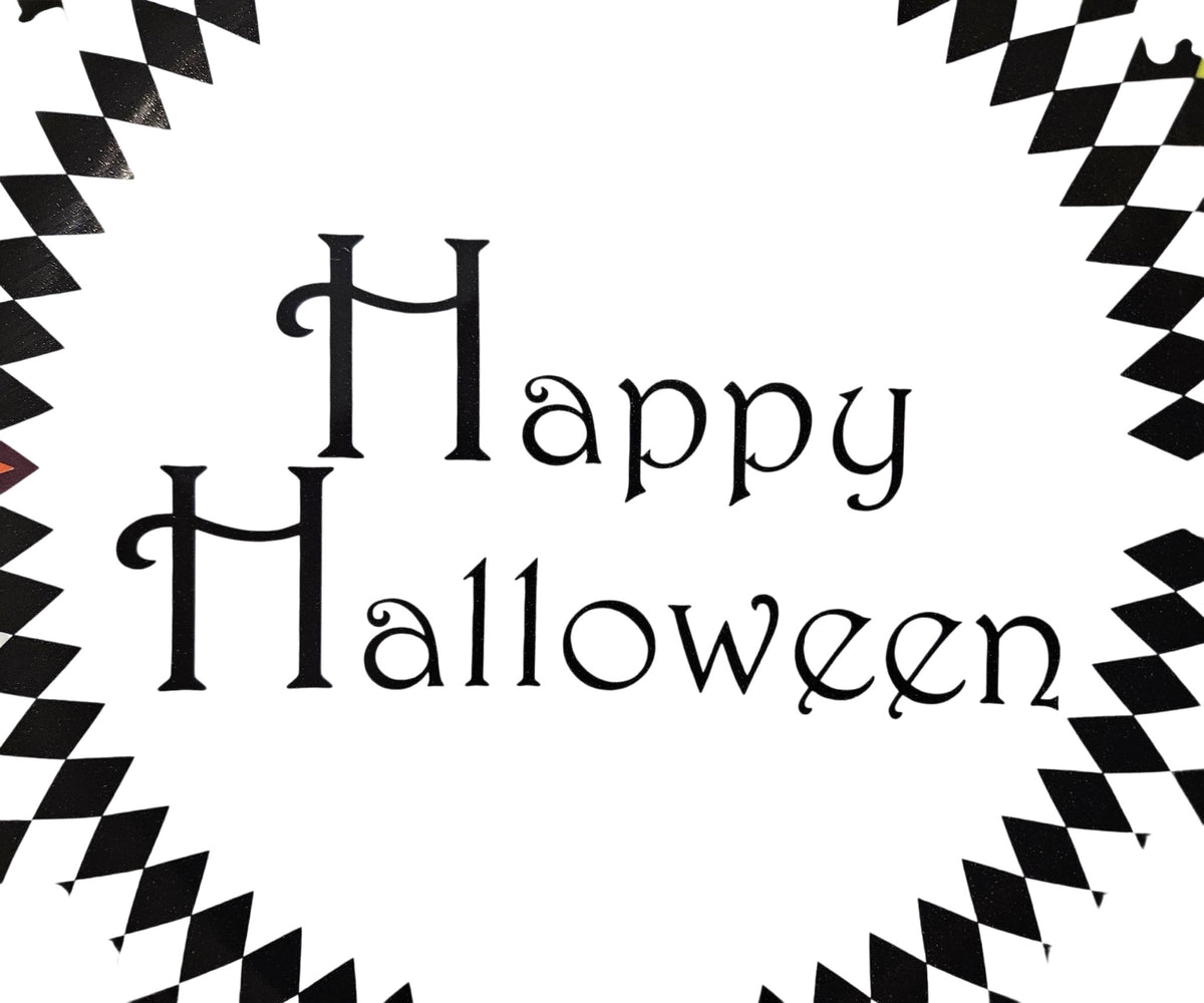 This is a Fiesta fiestaware Classic Luncheon Plate featuring the Harlequin Happy Halloween decal on white. Lead free, Post 1986, Retired Decal, Halloween
