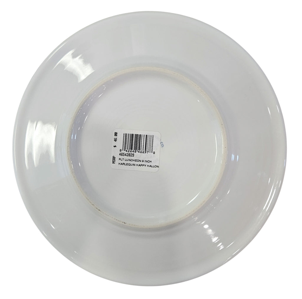 This is a Fiesta fiestaware Classic Luncheon Plate featuring the Harlequin Happy Halloween decal on white. Lead free, Post 1986, Retired Decal, Halloween
