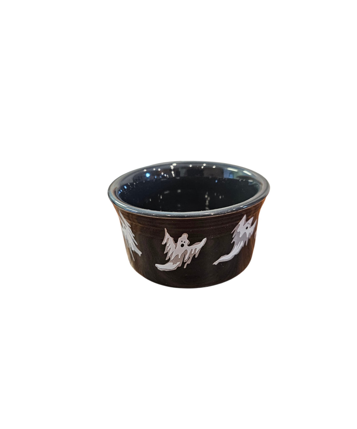 This is a Fiesta fiestaware Ramekin bowl featuring the Ghost decal on slate. Lead free, Post 1986, Halloween, Retired Color, Retired Decal.
