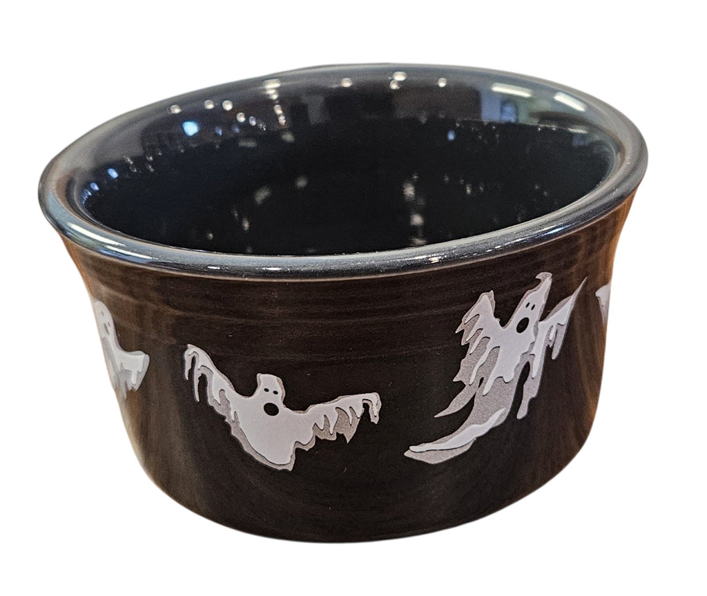 This is a Fiesta fiestaware Ramekin bowl featuring the Ghost decal on slate. Lead free, Post 1986, Halloween, Retired Color, Retired Decal.
