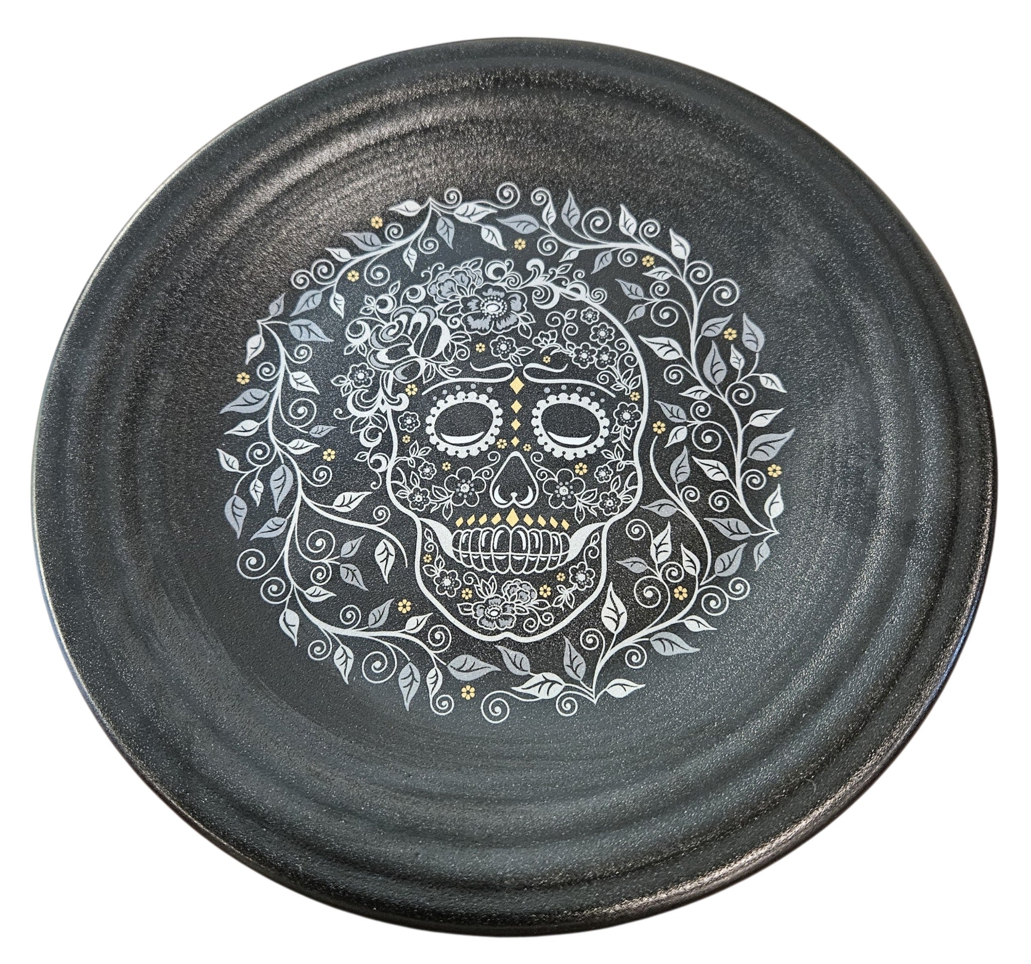 This is Fiesta fiestware Classic Luncheon Plate featuring the Skull & Vine decal on black/foundry. Lead free, post 1986,  retired decal, limited production color, Halloween

