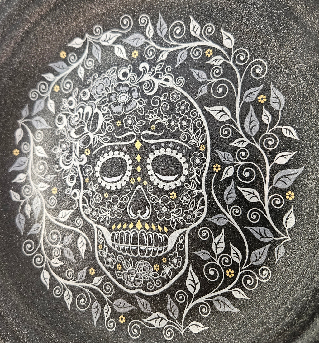 This is Fiesta fiestware Classic Luncheon Plate featuring the Skull & Vine decal on black/foundry. Lead free, post 1986,  retired decal, limited production color, Halloween
