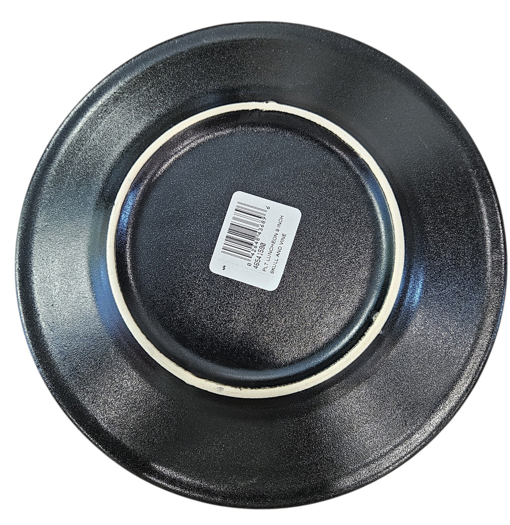 This is Fiesta fiestware Classic Luncheon Plate featuring the Skull & Vine decal on black/foundry. Lead free, post 1986,  retired decal, limited production color, Halloween
