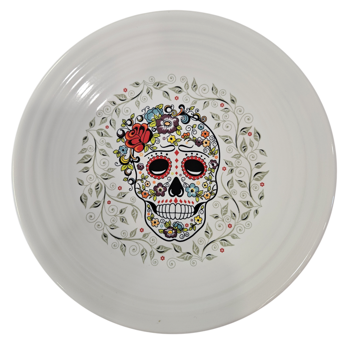 This is Fiesta fiestware Classic Luncheon Plate featuring the Skull & Vine decal on white. Lead free, post 1986,  retired decal, Halloween
