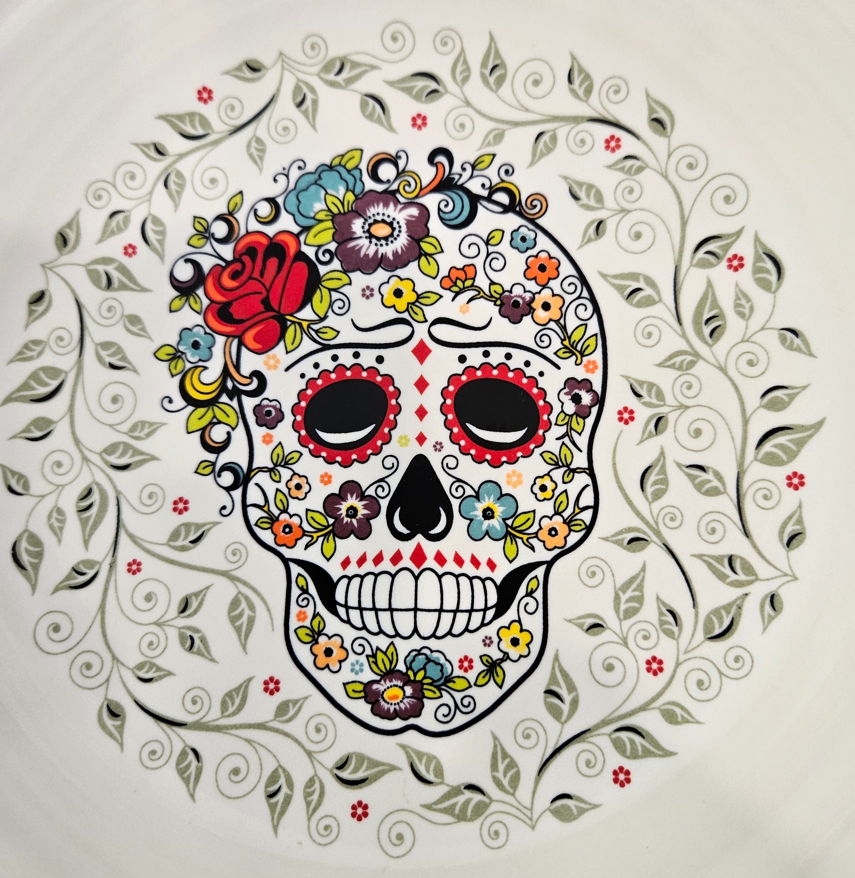 This is Fiesta fiestware Classic Luncheon Plate featuring the Skull & Vine decal on white. Lead free, post 1986,  retired decal, Halloween
