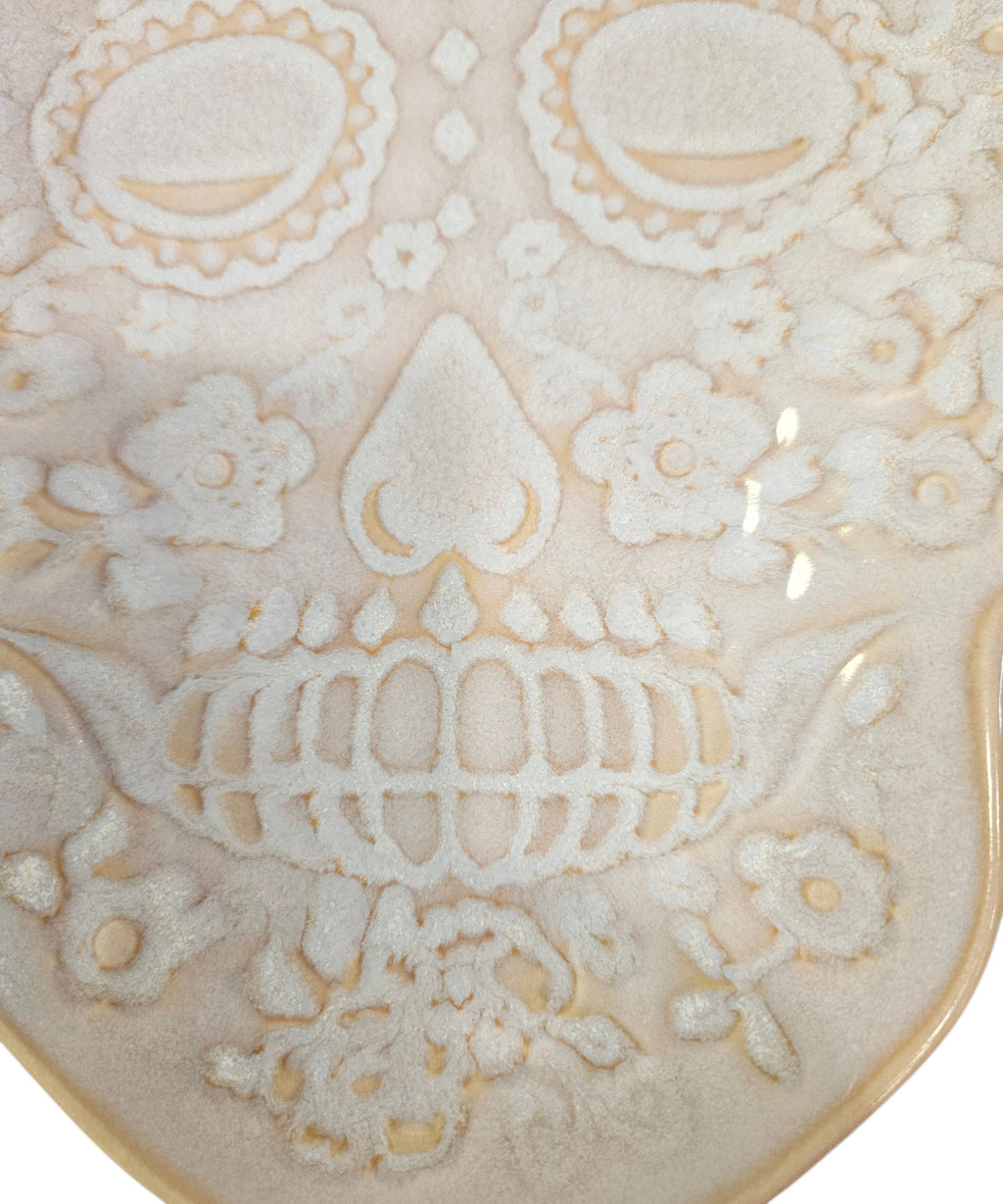 This is Fiesta fiestware Embossed Skull & Vine Skull shaped plate on white. Lead free, post 1986,  retired shape, Halloween, Hard to Find 

