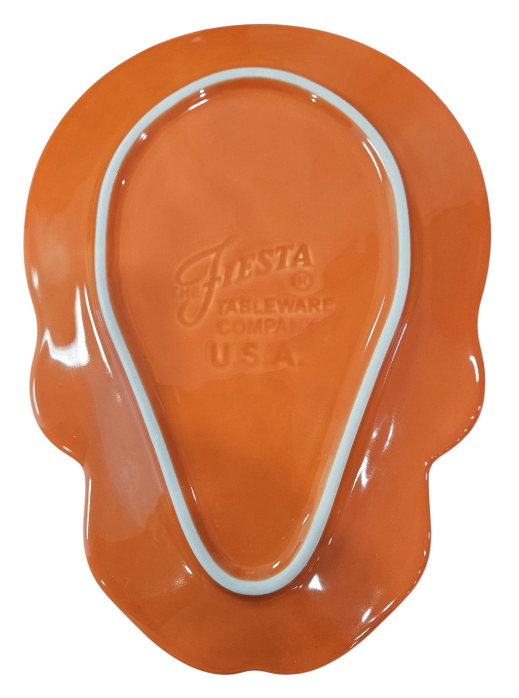 This is Fiesta fiestware Embossed Skull & Vine Skull shaped plate on poppy. Lead free, post 1986,  retired shape, Halloween, Factory Outlet Exclusive, Rare, Hard to Find 
