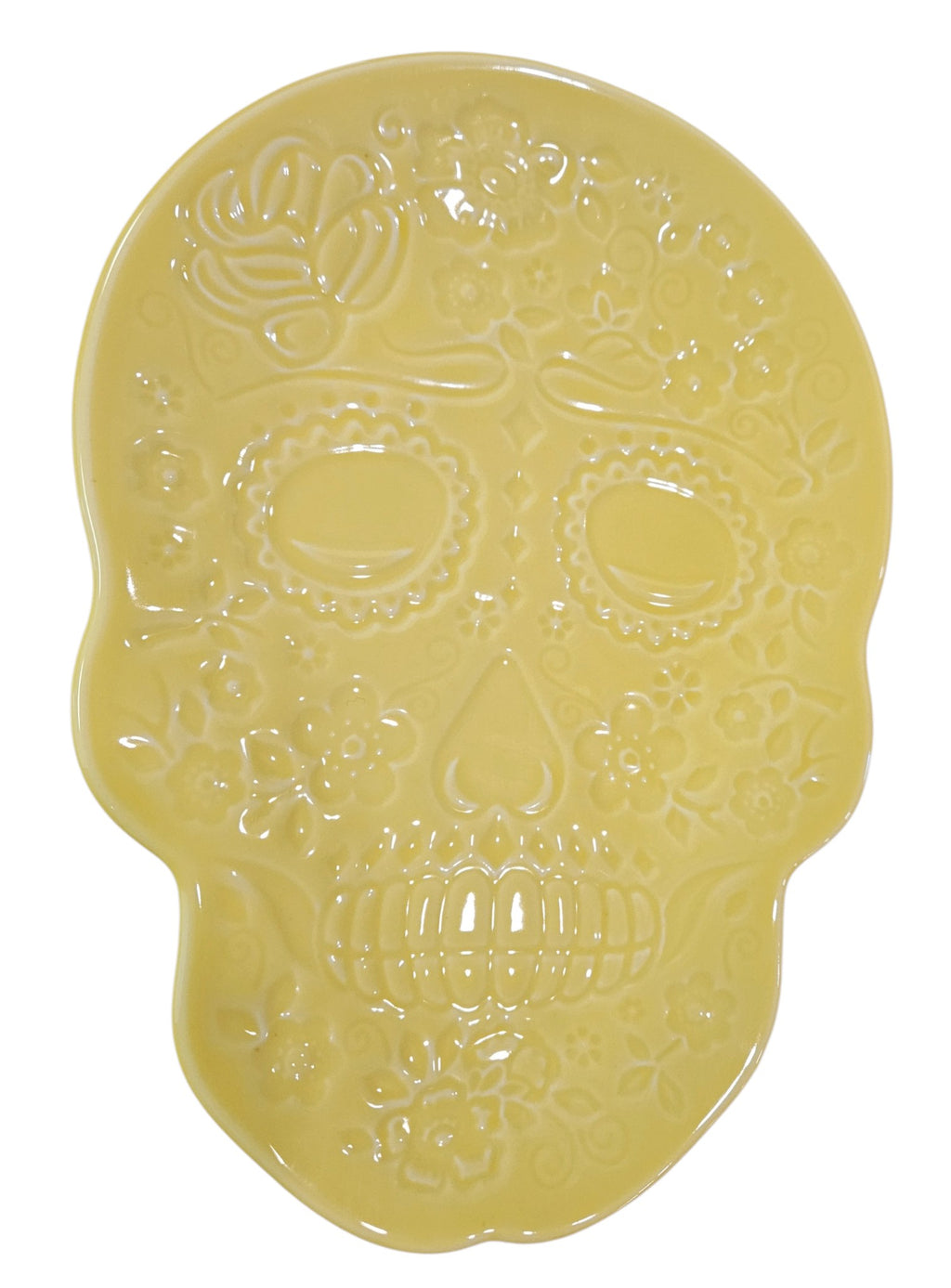 This is Fiesta fiestware Embossed Skull & Vine Skull shaped plate on sunflower. Lead free, post 1986,  retired color, retired shape, Halloween, Factory Outlet Exclusive, Rare, Hard to Find 
