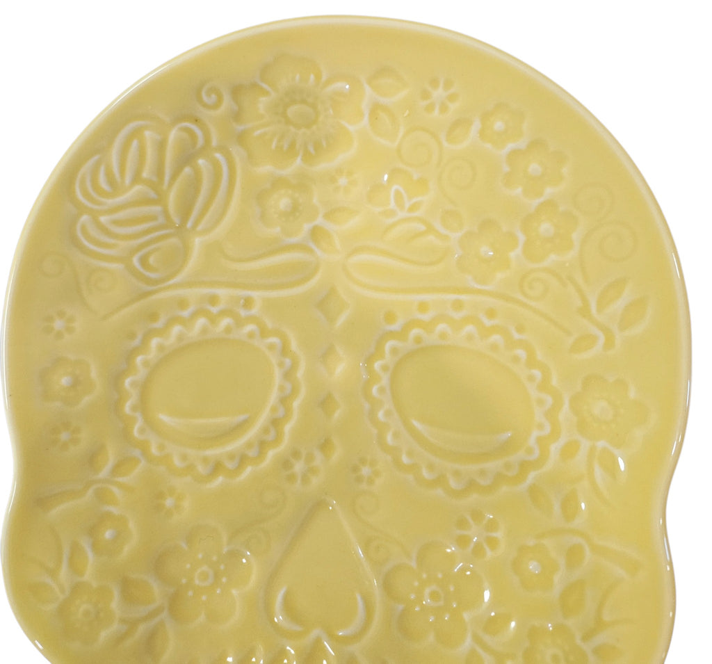 This is Fiesta fiestware Embossed Skull & Vine Skull shaped plate on sunflower. Lead free, post 1986,  retired color, retired shape, Halloween, Factory Outlet Exclusive, Rare, Hard to Find 

