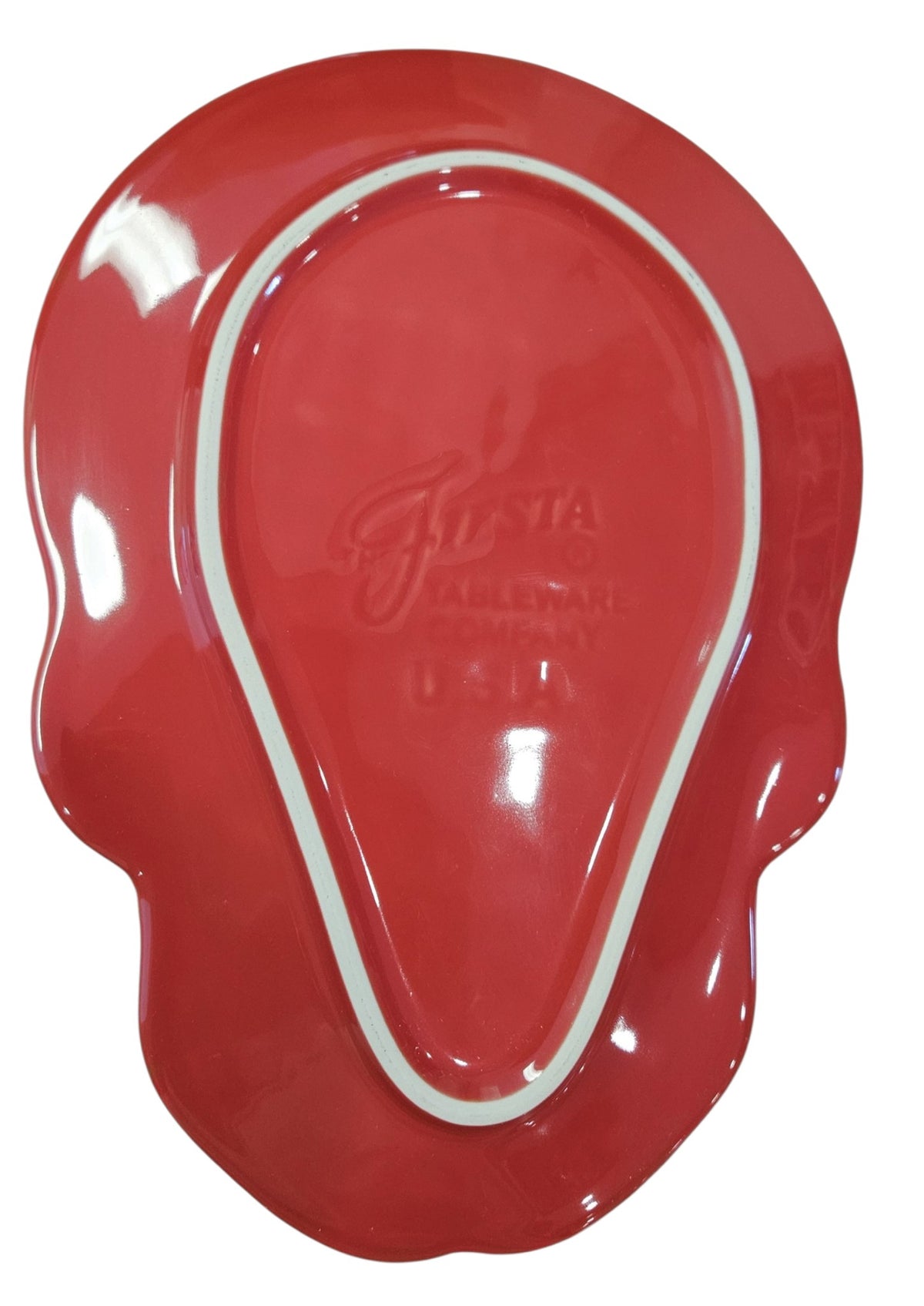 This is Fiesta fiestware Embossed Skull & Vine Skull shaped plate on scarlet. Lead free, post 1986,  retired shape, Halloween, Factory Outlet Exclusive, Rare, Hard to Find 
