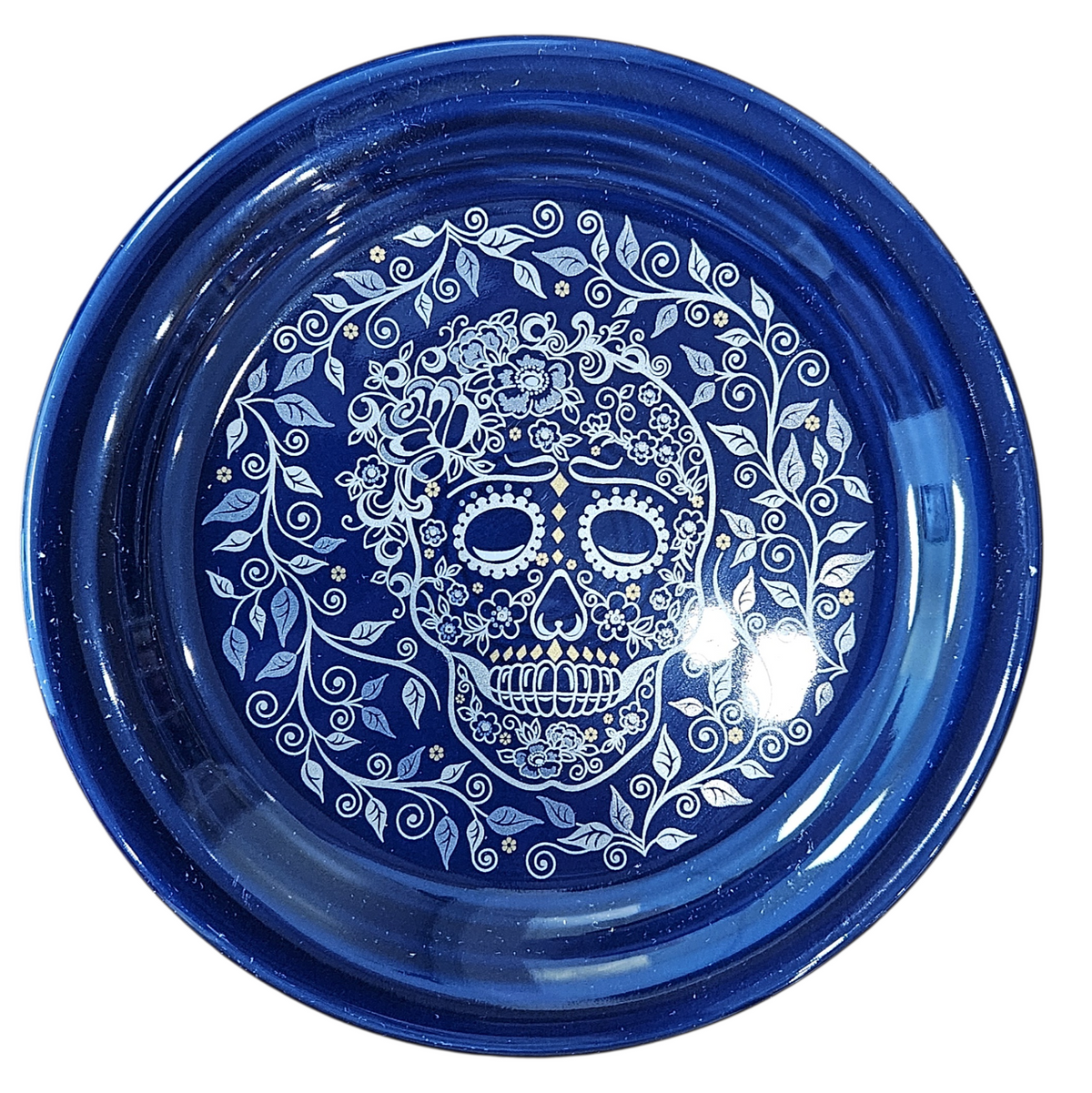 This is Fiesta fiestware Bistro Appetizer Plate featuring the Skull & Vine decal on twilight. Lead free, post 1986,  retired decal, retired color, Halloween
