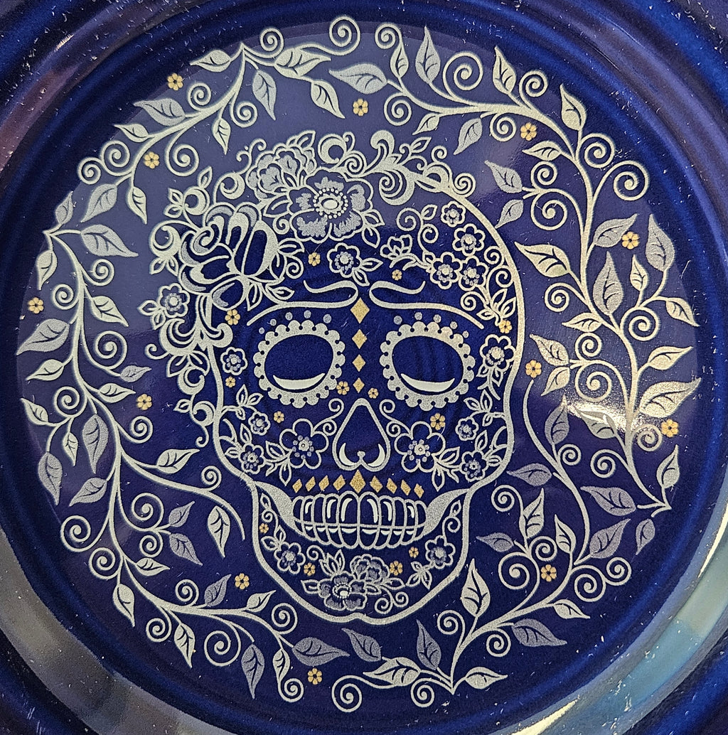 This is Fiesta fiestware Bistro Appetizer Plate featuring the Skull & Vine decal on twilight. Lead free, post 1986,  retired decal, retired color, Halloween
