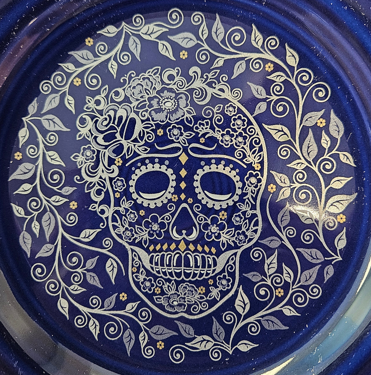 This is Fiesta fiestware Bistro Appetizer Plate featuring the Skull & Vine decal on twilight. Lead free, post 1986,  retired decal, retired color, Halloween
